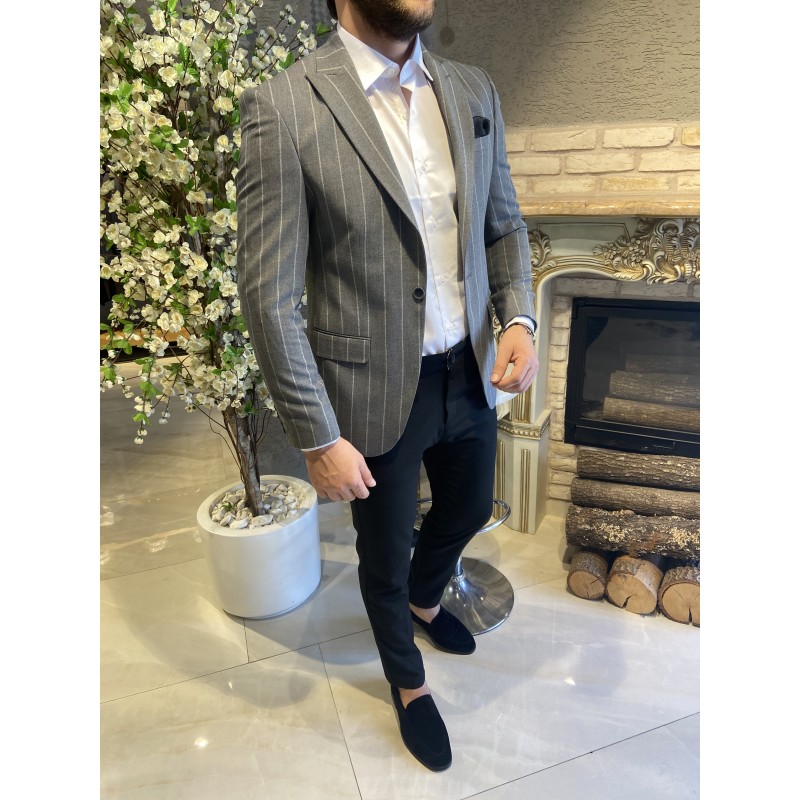 Italyan Kesim Çift Yırtmaç Cizgili Ceket 